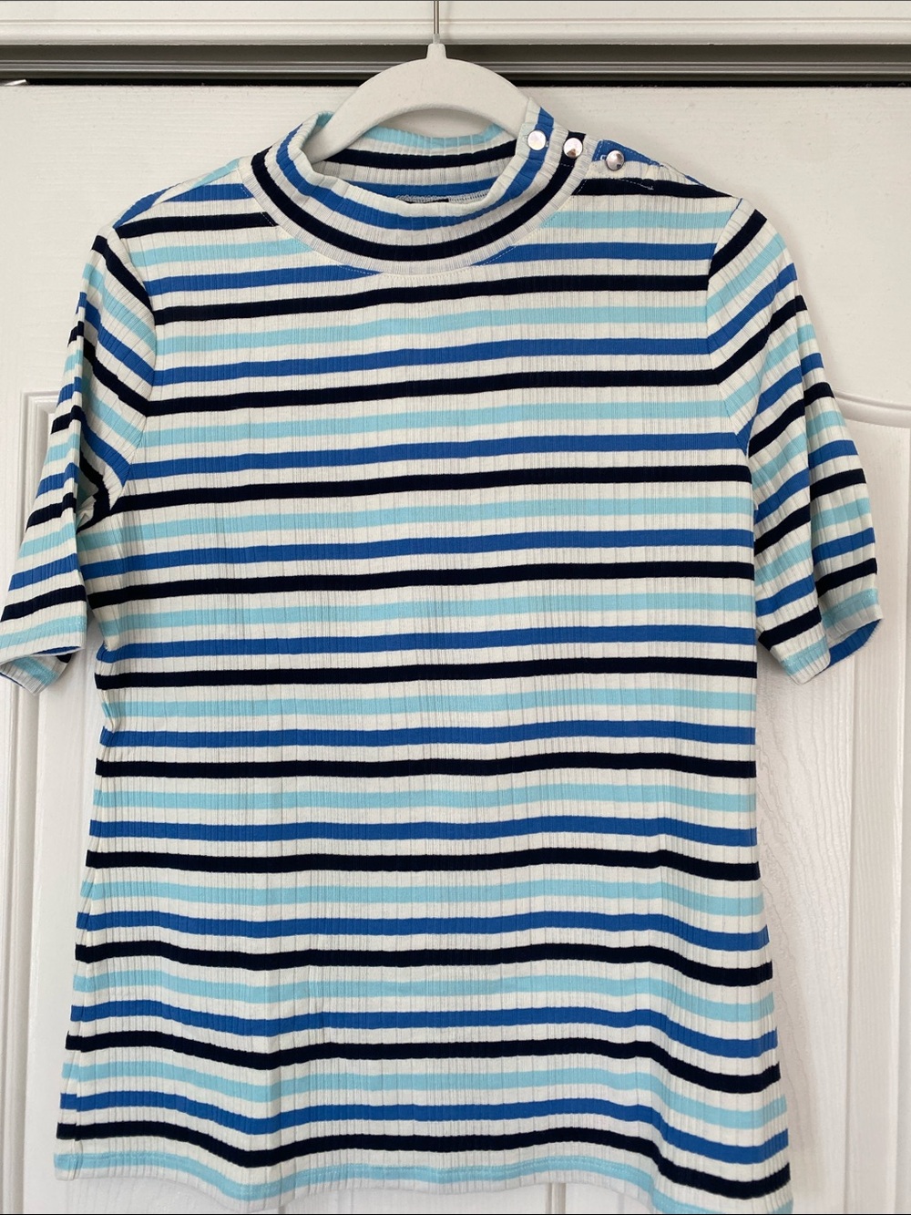 NWT Talbots Blue and Navy Striped Ribbed knit Short-Sleeve Top